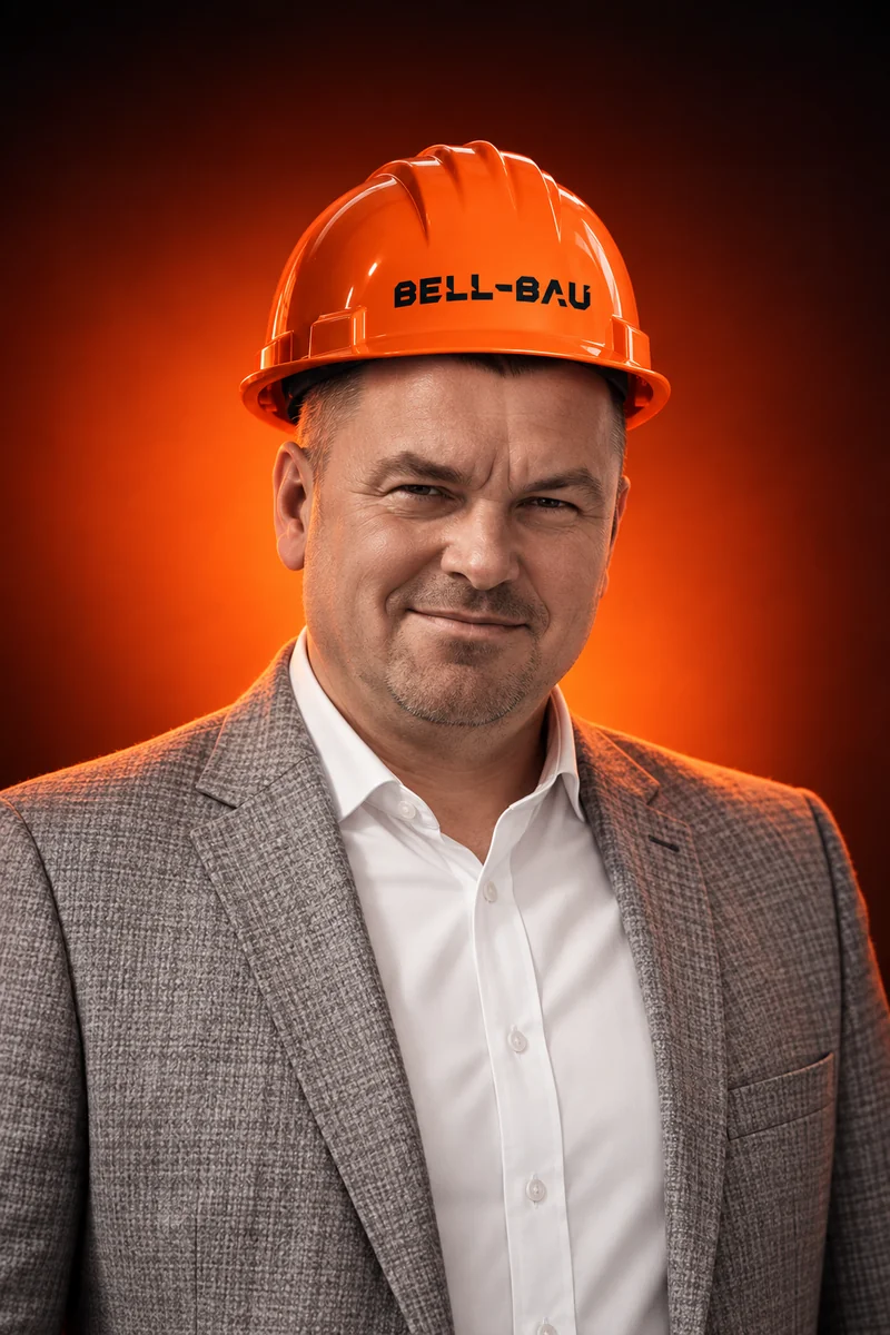 Sápi Ferenc narancssárga Bell-Bau védősisakban